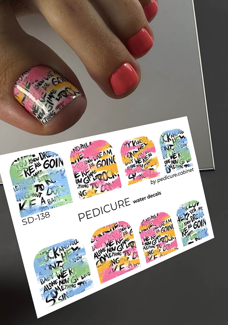 Pedicure Words + colored stains. Large. Nail water decals SD-138