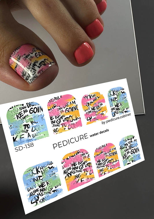Pedicure Words + colored stains. Large. Nail water decals SD-138