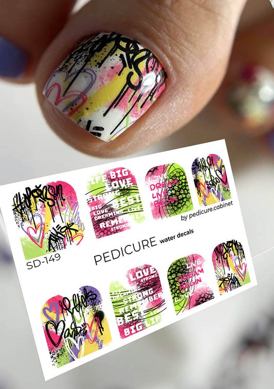 Pedicure Hearts and graffiti words. Large. Nail water decals SD-149