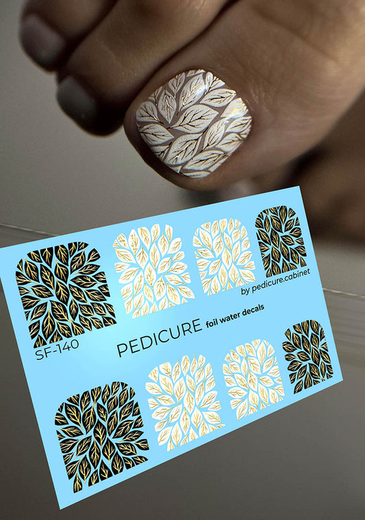 Pedicure Leaves black and white. Big ones. Foil gold. Nail water decals SF-140