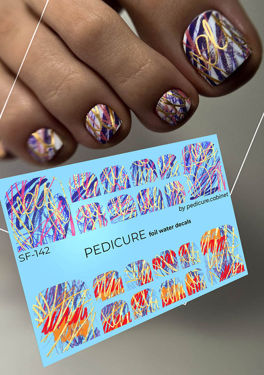 Pedicure Colored scribbles. Foil gold. Nail water decals SF-142
