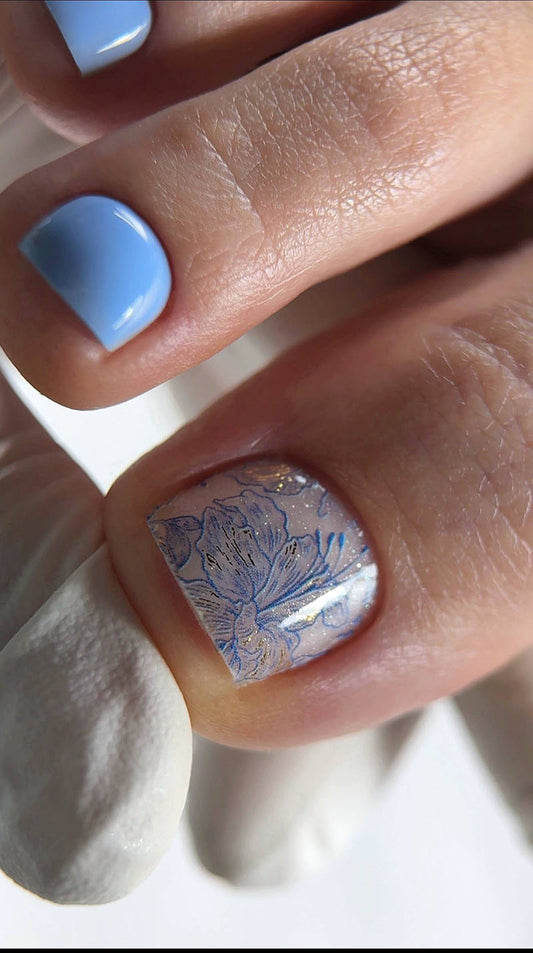 Pedicure Flowers. Blue. Foil gold. Nail water decals SF-173