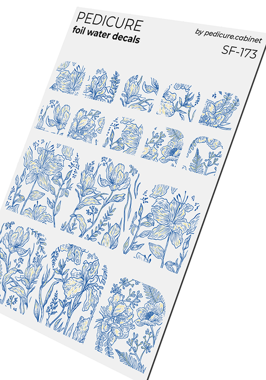Pedicure Flowers. Blue. Foil gold. Nail water decals SF-173