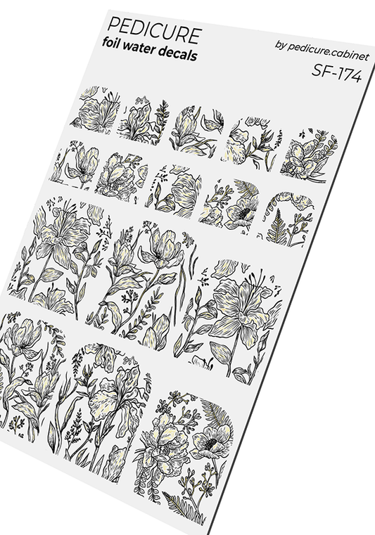 Pedicure Flowers. Black. Foil gold. Nail water decals SF-174