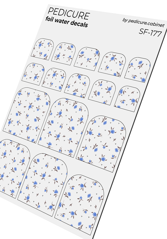 Pedicure Small Flowers. Blue. Foil silver. Nail water decals SF-177