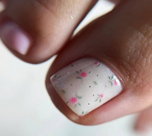 Pedicure Small Flowers. Pink. Foil silver. Nail water decals SF-178
