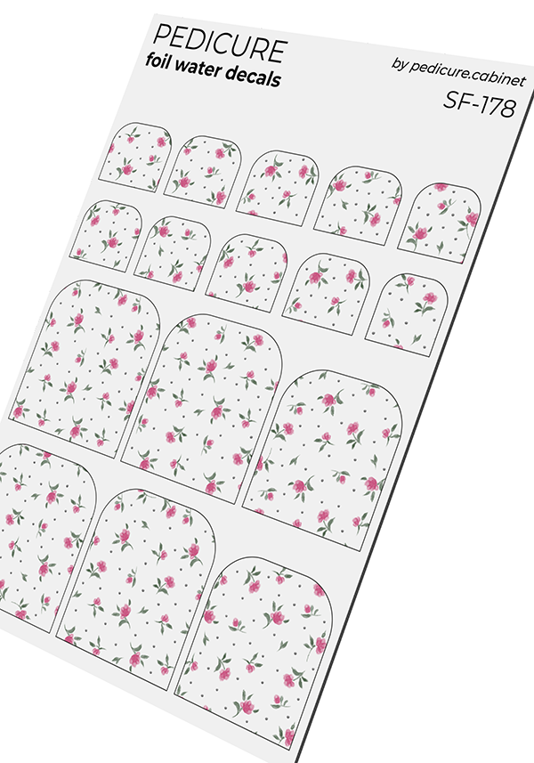 Pedicure Small Flowers. Pink. Foil silver. Nail water decals SF-178
