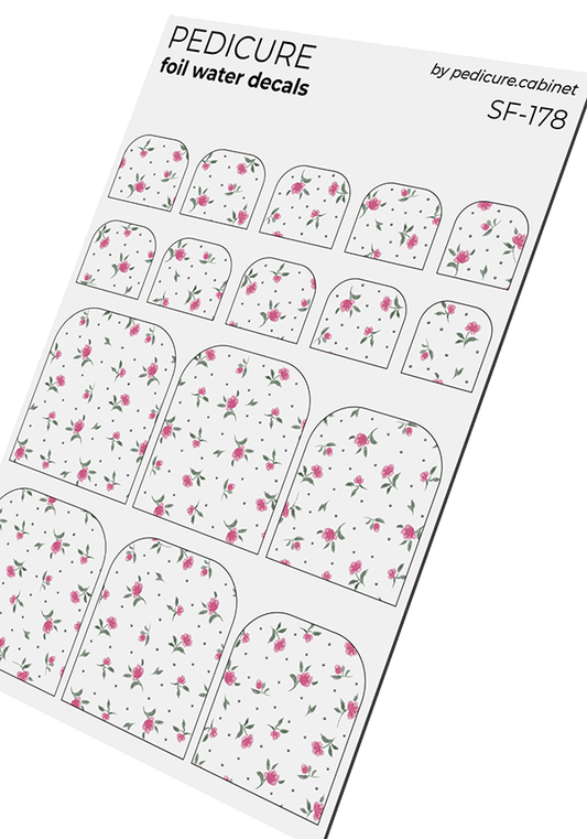 Pedicure Small Flowers. Pink. Foil silver. Nail water decals SF-178