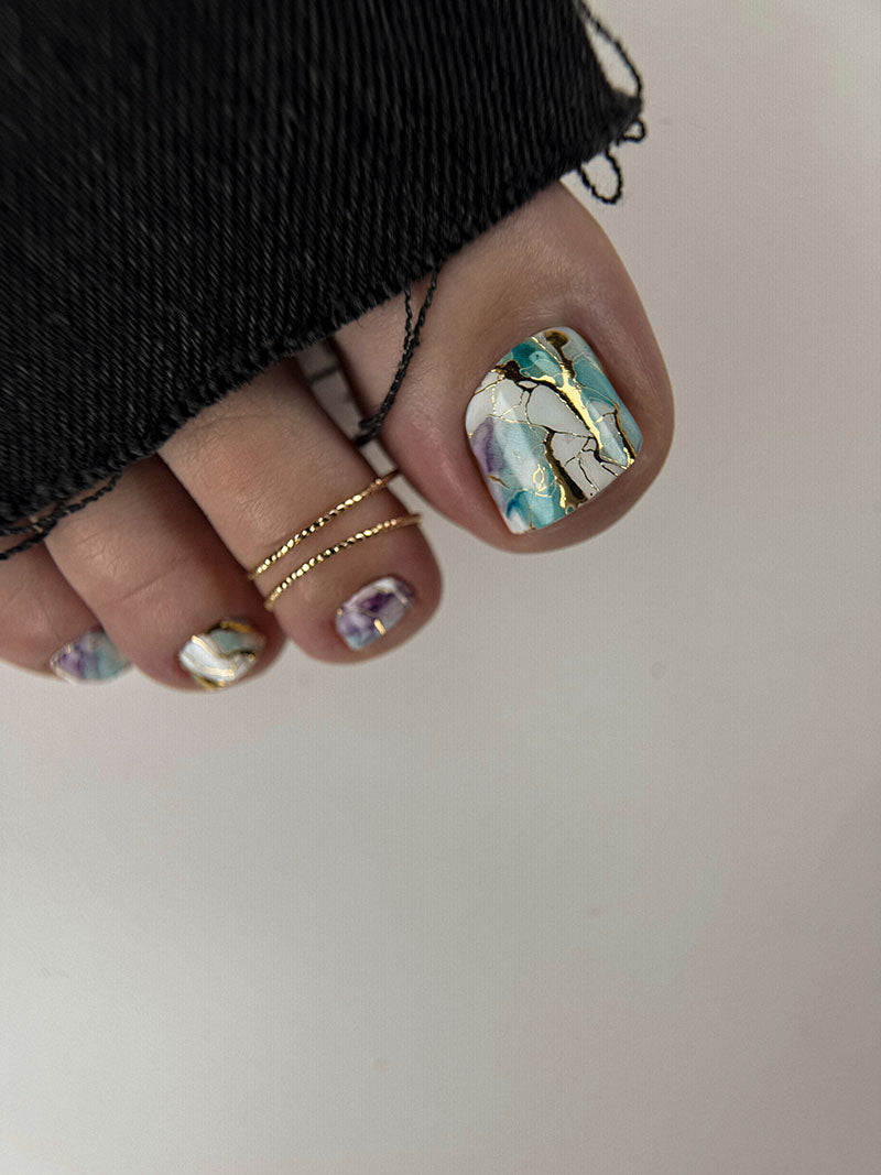 Pedicure Textures. Green and pink. Foil gold. Large. Nail water decals SF-183