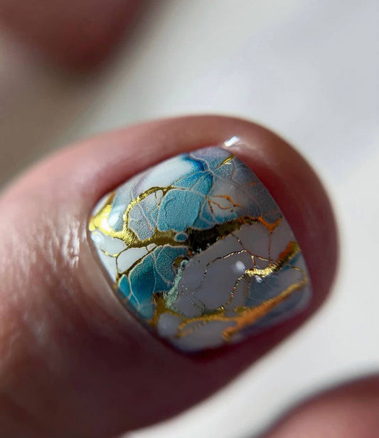 Pedicure Textures. Green and pink. Foil gold. Large. Nail water decals SF-183
