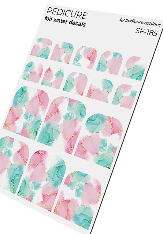 Pedicure Marble. Pink and green. Foil gold. Nail water decals SF-185