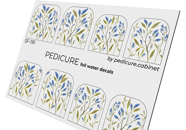 Pedicure Twigs with blue flowers. Foil gold. Large. Nail water decals SF-191
