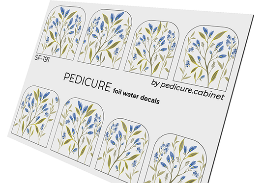 Pedicure Twigs with blue flowers. Foil gold. Large. Nail water decals SF-191