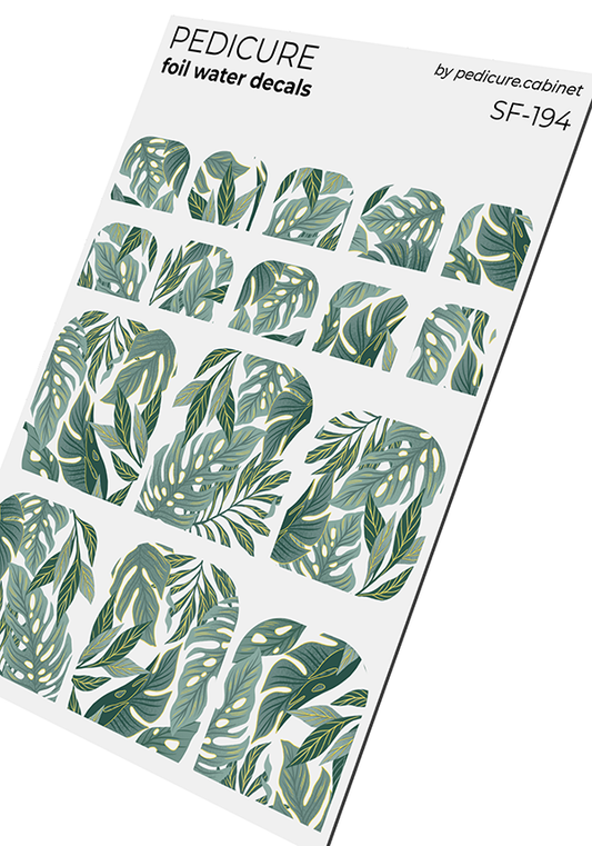Pedicure Green leaves. Foil gold. Nail water decals SF-194