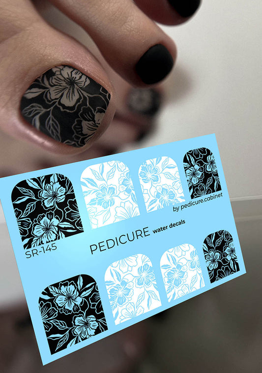 Pedicure Flowers black and white. Large. Nail water decals SR-145