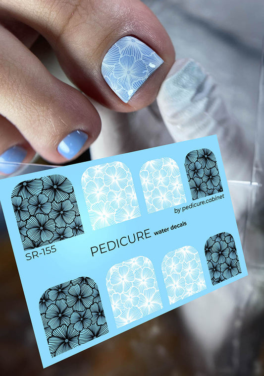 Pedicure Flowers. Black and white. Large. Nail water decals SR-155