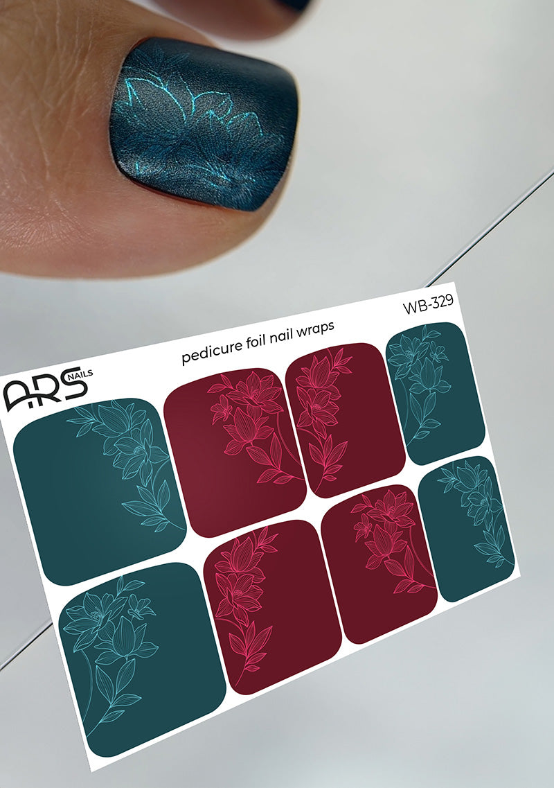 Pedicure Lilies on burgundy and green. Colored Foil. Large. Nail wraps WB-329
