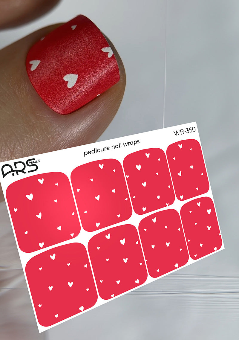 Pedicure Hearts on red. Large. Nail wraps WB-350
