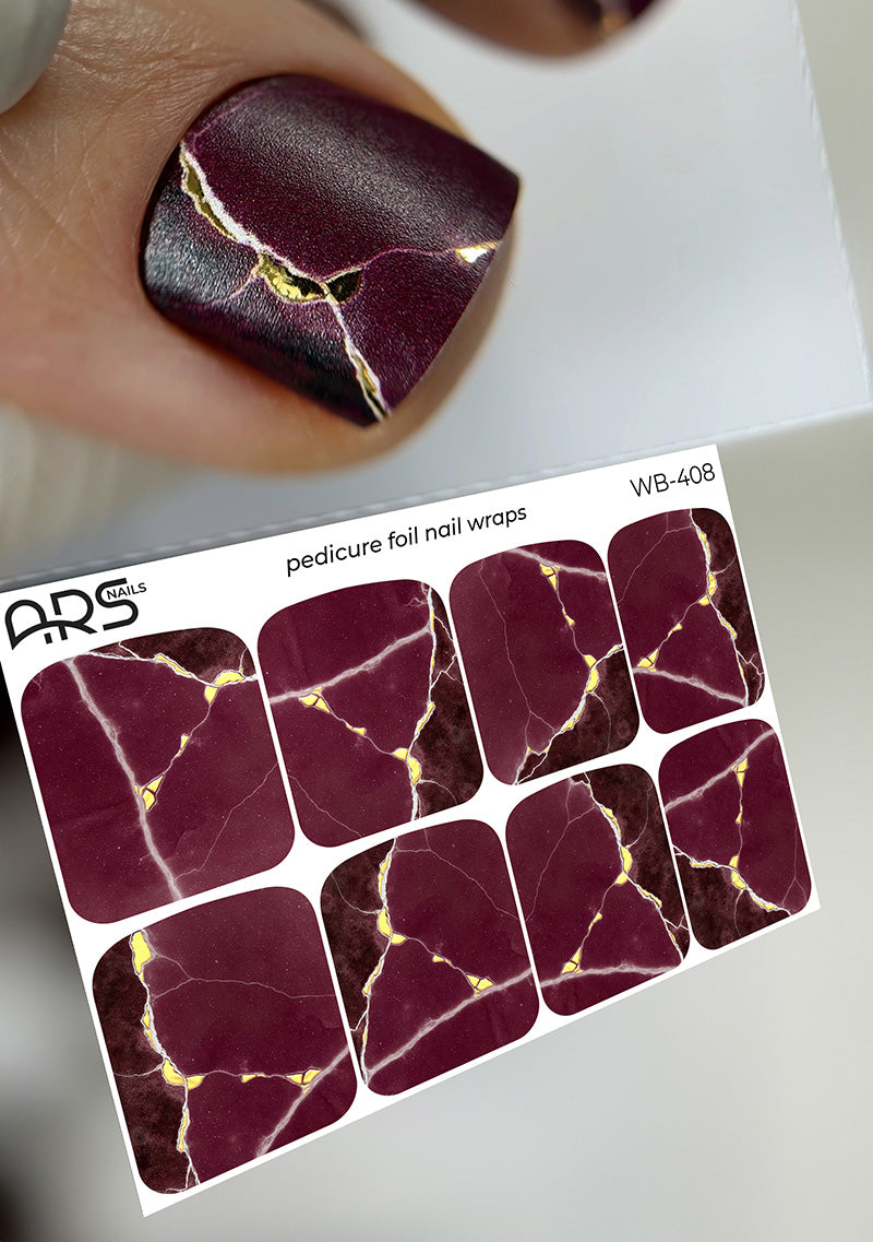 Pedicure Burgundy with white stripe. Gold Foil. Large. Nail wraps WB-408