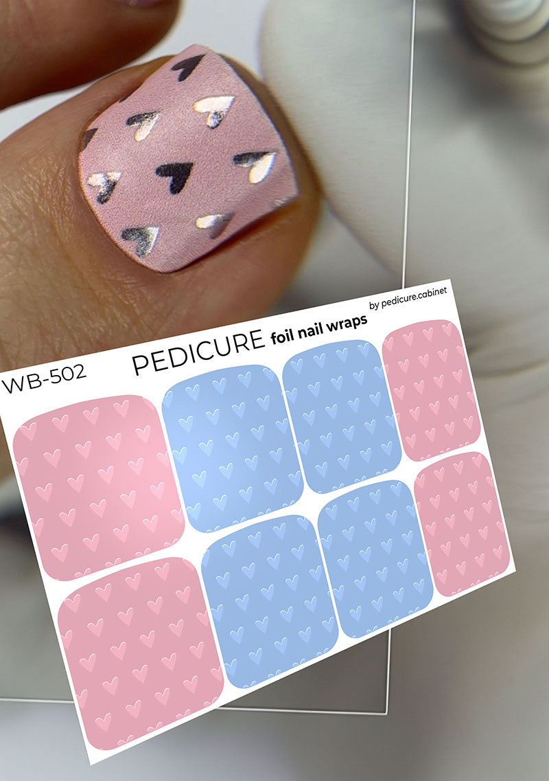 Pedicure Hearts Blue and Pink. Colored Foil. Large. Nail wraps WB-502