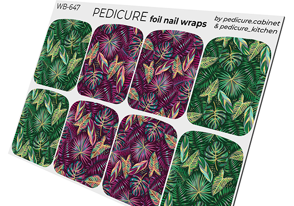 Pedicure Burgundy and Green Leaves. Foil gold. Large. Nail wrap WB-647