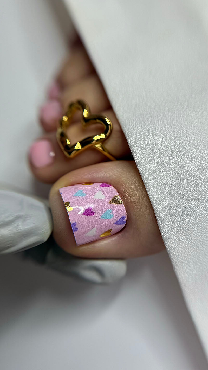 Pedicure Hearts gray and pink background. Foil gold. Large. Nail wrap WB-766