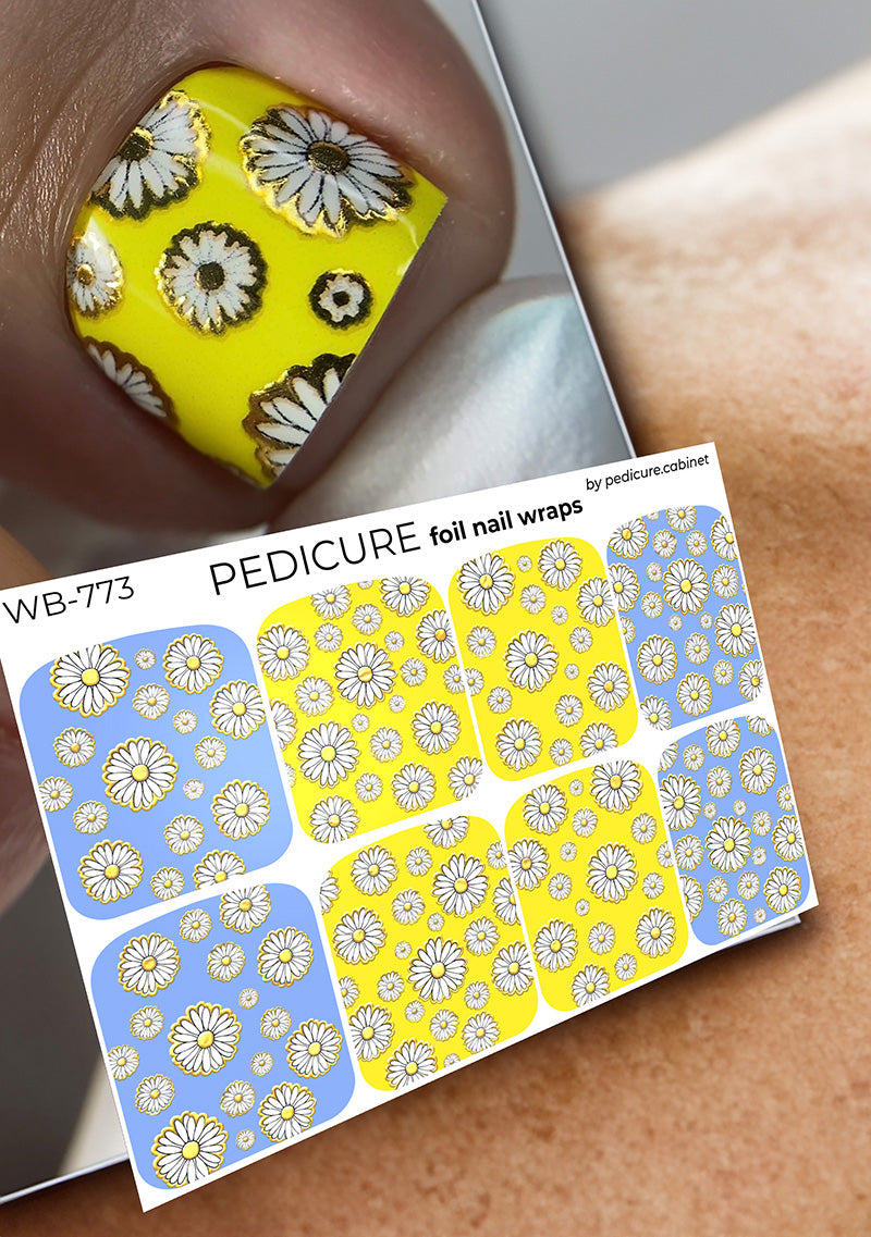 Pedicure Chamomile with outline. Foil gold. Large. Nail wrap WB-773