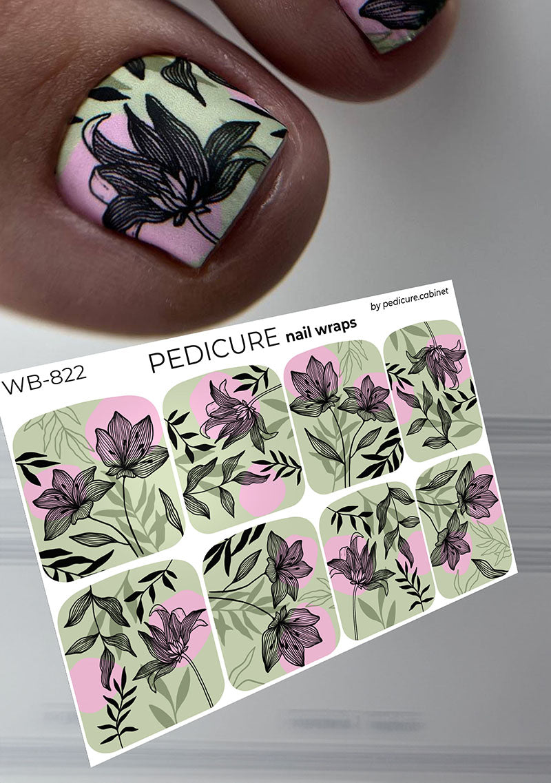Pedicure Black flowers. Background khaki and pink. Large. Nail wrap WB-822