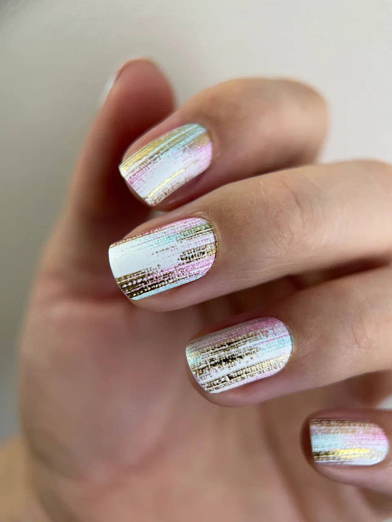 Manicure Strokes with pink and blue. Gold Foil. Nail wraps WM-403