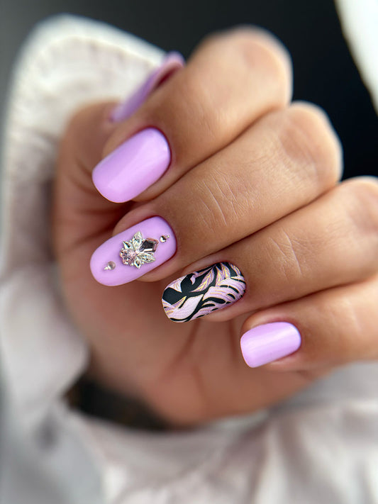 Manicure Monstera pink. Gold Foil. Nail wraps WM-410