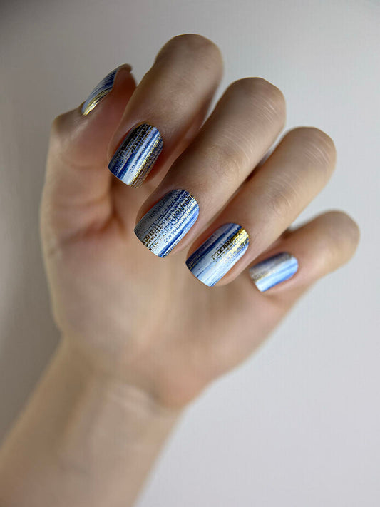Manicure Strokes with blue. Gold Foil. Nail wraps WM-417