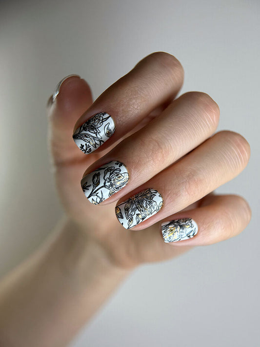 Manicure Black flowers on white. Gold Foil. Nail wraps WM-426