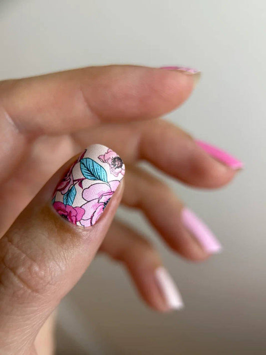 Manicure Peonies Pink, Leaves Blue. Nail wraps WM-470
