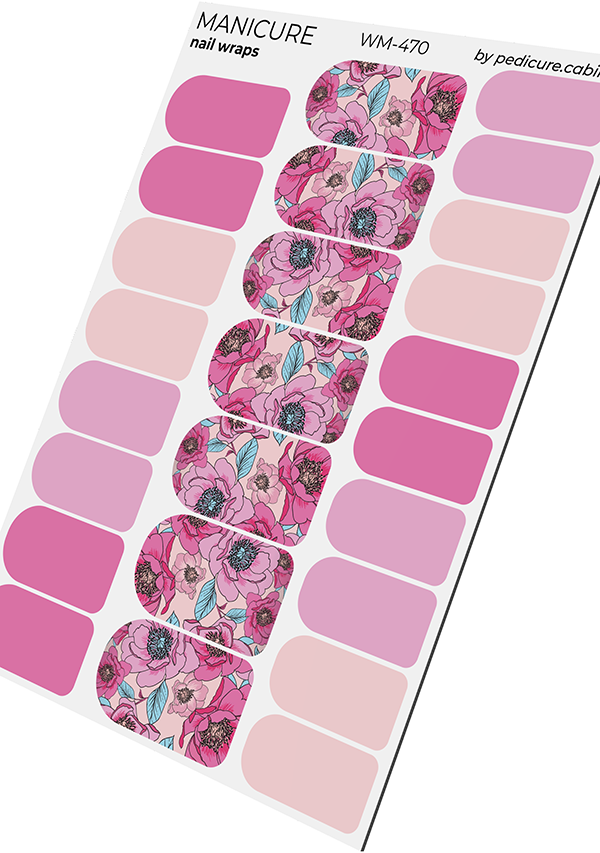 Manicure Peonies Pink, Leaves Blue. Nail wraps WM-470