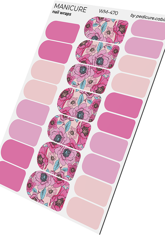 Manicure Peonies Pink, Leaves Blue. Nail wraps WM-470