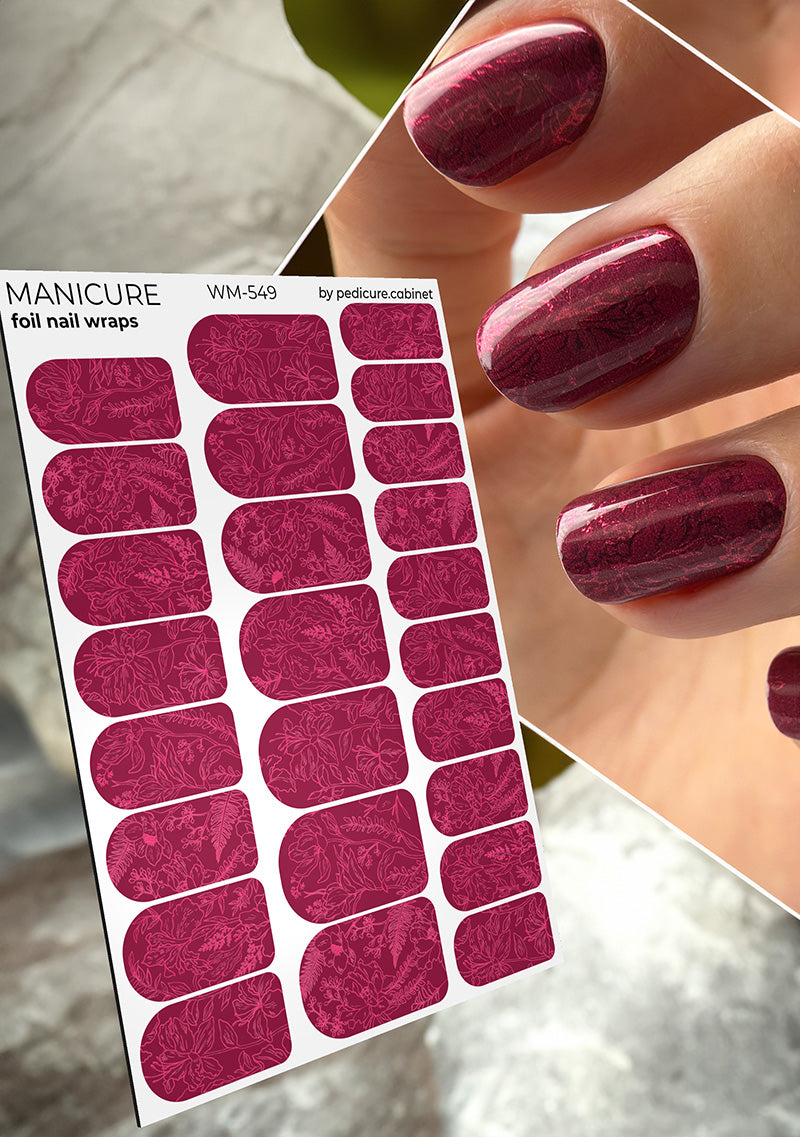 Manicure Burgundy Leaves. Colored Foil. Nail wraps WM-549
