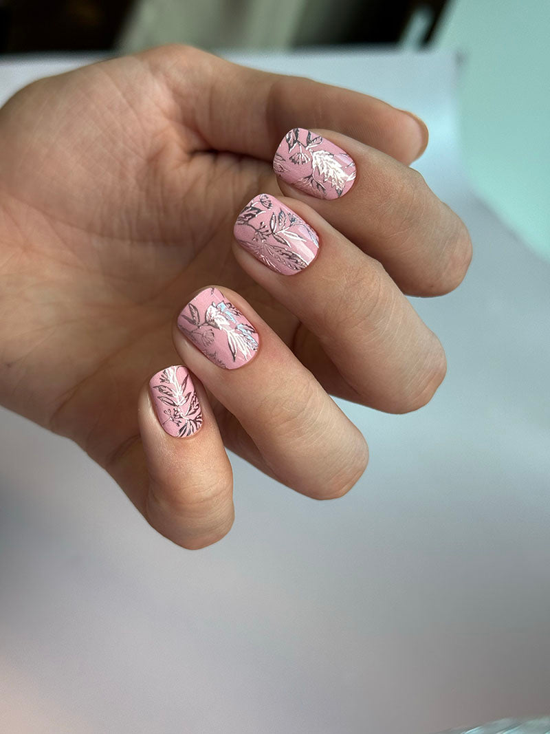 Manicure Pink Leaves. Colored Foil. Nail wraps WM-554