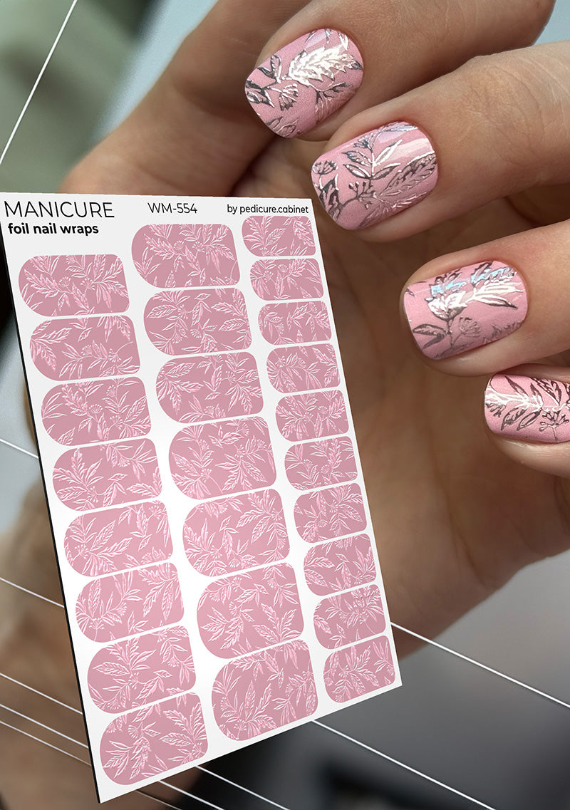 Manicure Pink Leaves. Colored Foil. Nail wraps WM-554