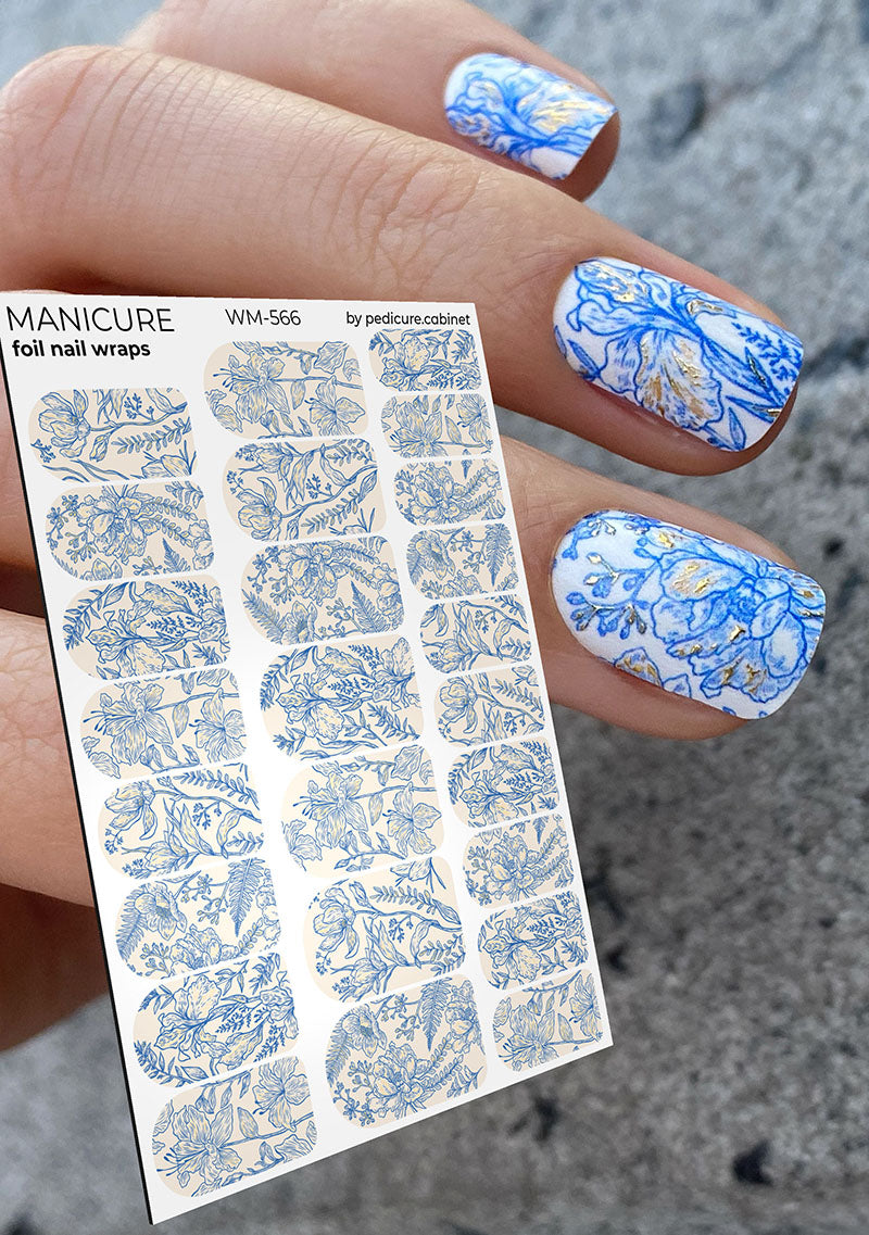 Manicure Blue Flowers. Gold Foil. Nail wraps WM-566