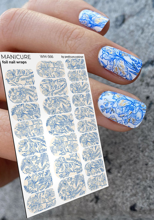 Manicure Blue Flowers. Gold Foil. Nail wraps WM-566