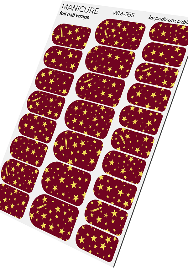Manicure Stars. Burgundy Background. Gold Foil. Nail wraps WM-595