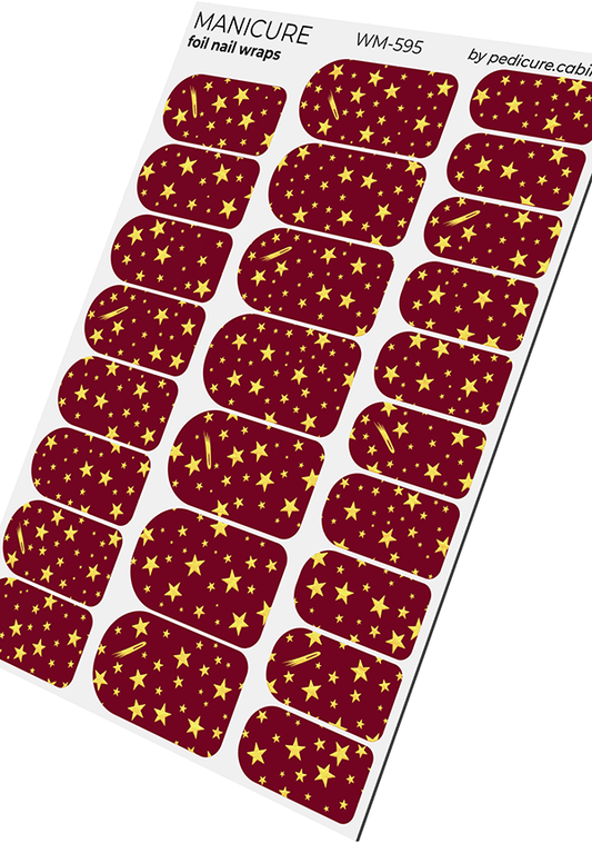 Manicure Stars. Burgundy Background. Gold Foil. Nail wraps WM-595