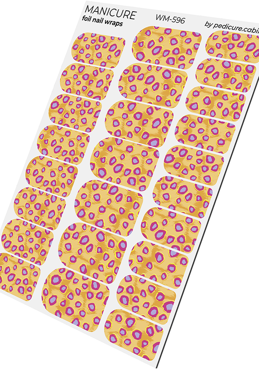 Manicure Lilac Spots. Yellow Background. Gold Foil. Nail wraps WM-596