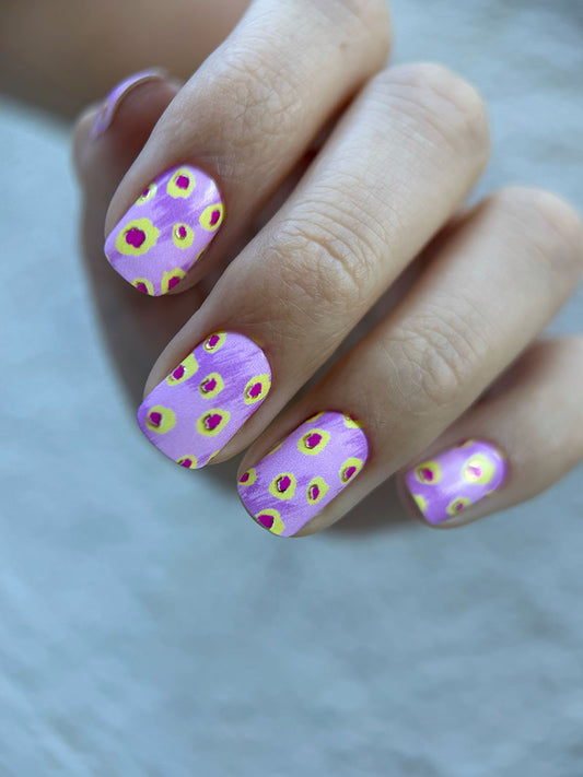 Manicure Yellow Spots. Pink Background. Gold Foil. Nail wraps WM-597