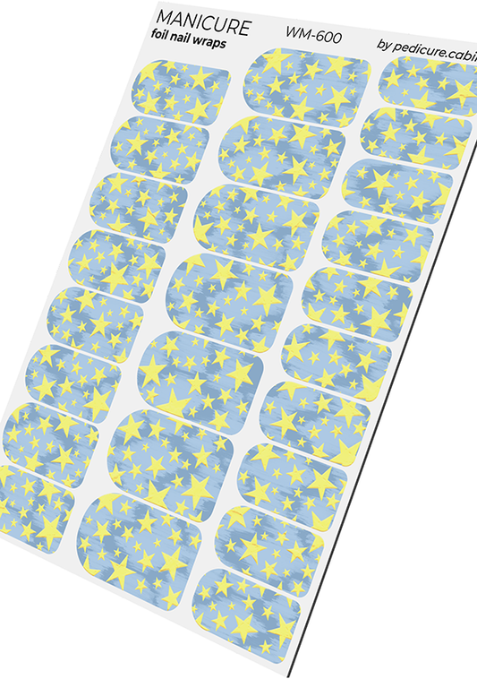 Manicure Stars. Blue Background. Gold Foil. Nail wraps WM-600