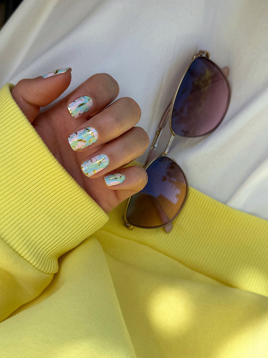 Manicure Strokes: Pink, Blue, Green. Foil gold. Nail wrap WM-615
