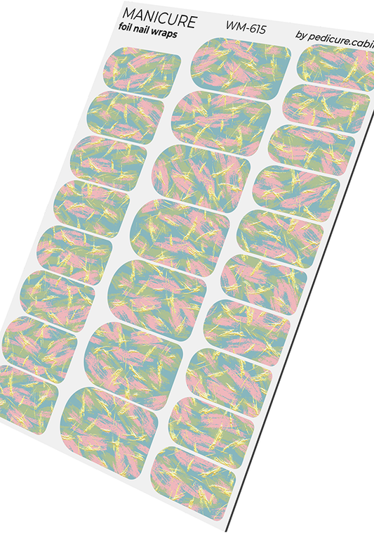 Manicure Strokes: Pink, Blue, Green. Foil gold. Nail wrap WM-615