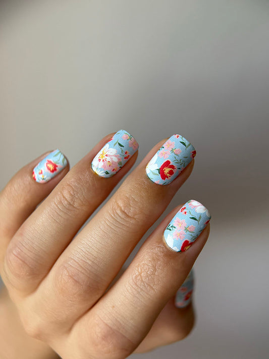 Manicure Small Flowers. Blue Background. Nail wrap WM-620