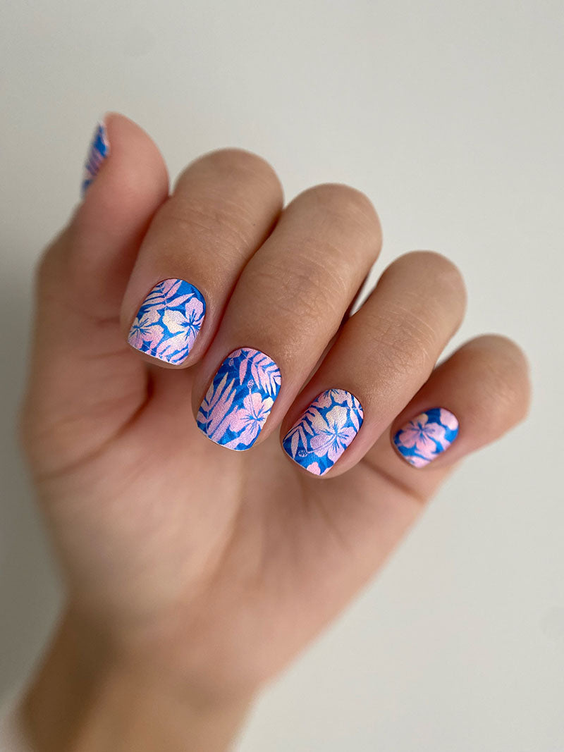 Manicure Flowers. Blue Background with Shadow. Nail wrap WM-730