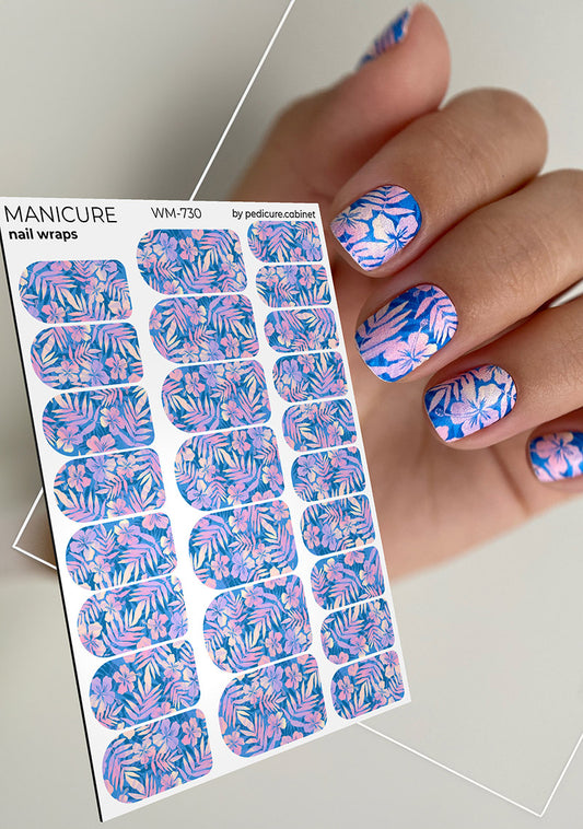 Manicure Flowers. Blue Background with Shadow. Nail wrap WM-730